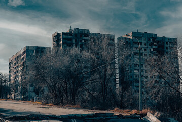 destroyed and burned houses in the city Russia Ukraine war
