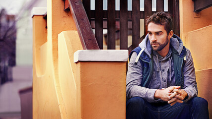 Fashion, relax or man on steps thinking of casual clothes, style or edgy hoodie for winter outdoor...