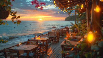 Outdoor restaurant at the beach - obrazy, fototapety, plakaty