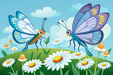 Butterflies with long antennae land on daisies vector illustration