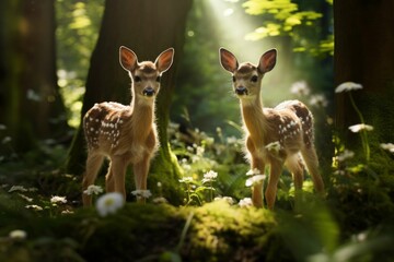 Baby deer frolicking in a sun-dappled forest