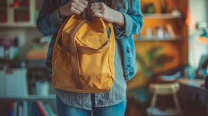 Obraz premium Packing a bag for work or school, morning routine, blurred background