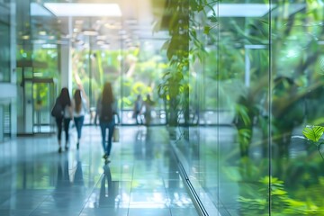 Blurred image of people walking in a modern ecofriendly glass office building surrounded by lush green trees. Concept Architecture, Sustainability, Modern Design, Nature, Urban Landscape