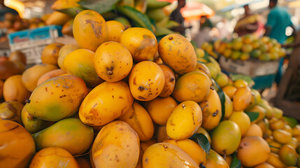 Naklejka na ściany i meble A heap of ripe, golden mangoes at a fruit market