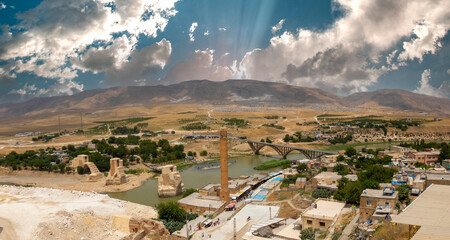 Hasankeyf before being flooded. View from Hasankeyf castle. Hasankeyf bridge, Historical Hasankeyf