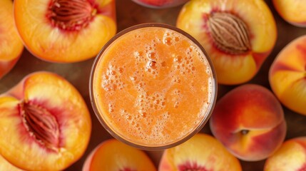 Naklejka na ściany i meble Peach colored smoothie in a glass surrounded by peach slices