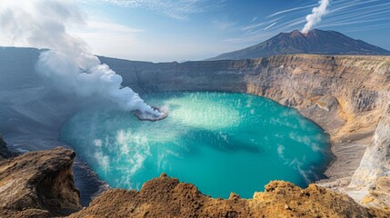 A panoramic view of a volcanic crater filled with a turquoise caldera lake  steam rising from the smoldering rim  painting the sky with wispy trails.