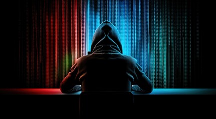 The back of a hacker in front of a table | cybersecurity concerns and unethical data breach - obrazy, fototapety, plakaty
