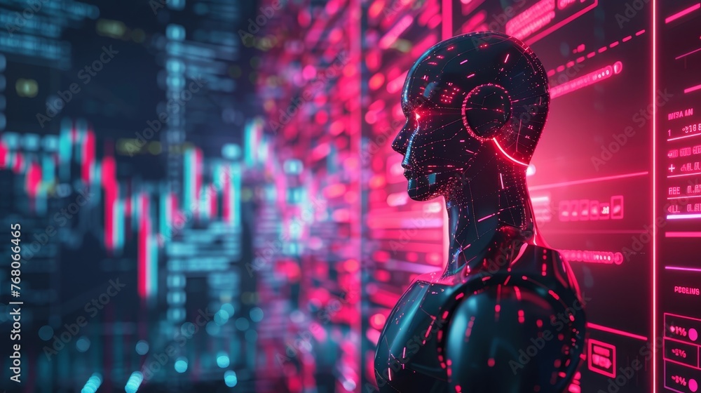 Poster a profile view of an advanced ai robot with a glowing neural network, intently analyzing dynamic sto