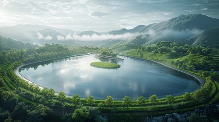 A serene circular lake forms the centerpiece of a tranquil, green landscape, enveloped by rolling misty hills under a gentle morning sky. - obrazy, fototapety, plakaty