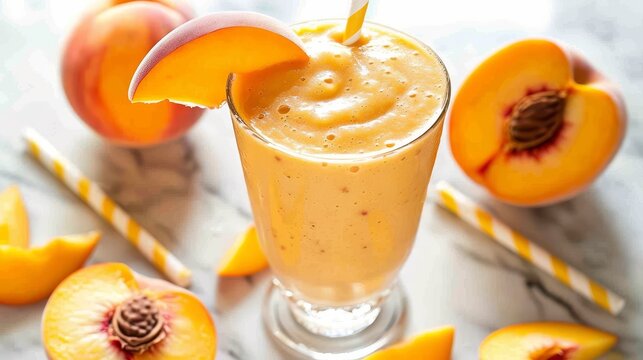 Peach colored smoothie in a glass surrounded by peach slices