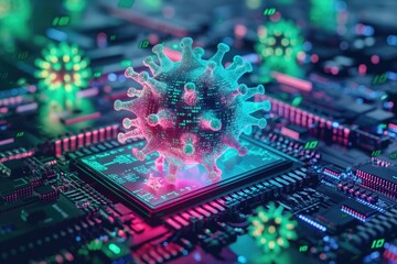 Abstract representation of a computer virus | vulnerabilities in digital world - obrazy, fototapety, plakaty