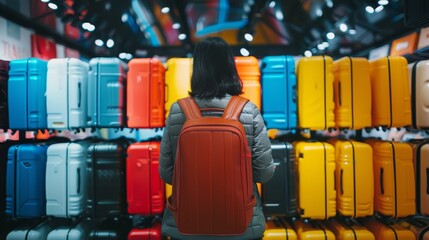 Person browsing colorful luggage selection in store - obrazy, fototapety, plakaty
