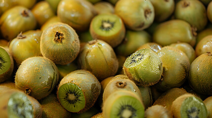 A pile of exotic kiwi fruits, fuzzy and ripe
