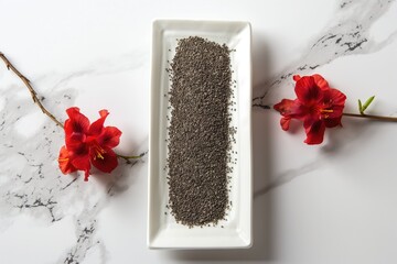 Chia seeds (Salvia hispanica) in white rectangular plate, next to red flower | edible seeds with health nutritional benefits