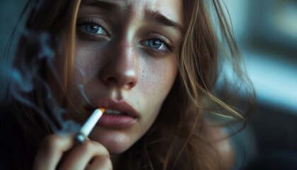 sad girl smokes a cigarette