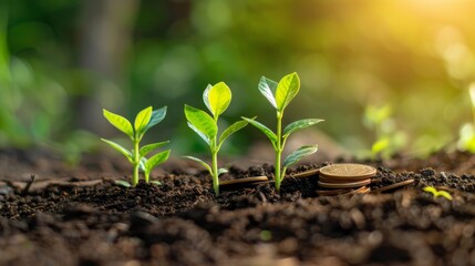 Young green plant seedlings emerging next to stacked coins in fertile soil, representing financial growth and sustainable investments under the golden sunlight.