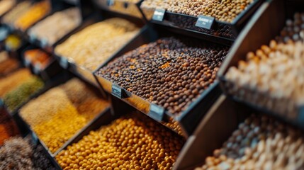 An array of bulk bins filled with different types of pulses and legumes, highlighting sustainable shopping and healthy food options.
