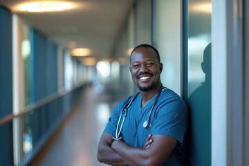 African American male nurse happy face in blue scrub looking at viewer, arms crossed
