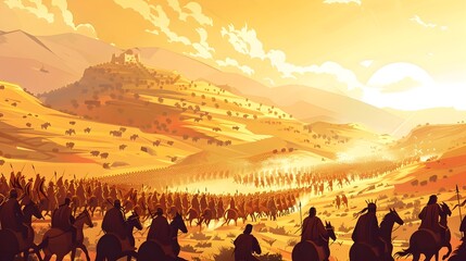 Dramatic Depiction of Biblical Warfare Unfolding Across Vast Desert Landscape - obrazy, fototapety, plakaty