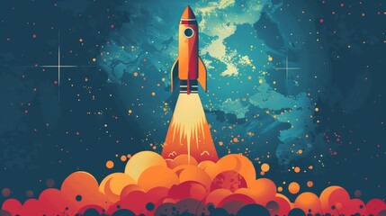 An artistic depiction of a rocket launch, featuring vibrant colors and global map elements, representing innovation and exploration.