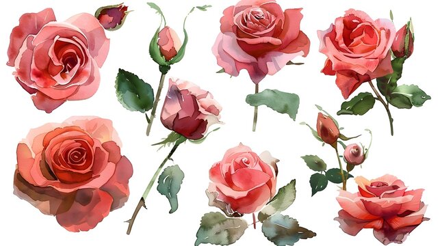 Delicate Watercolor Roses in Vibrant Hues - Botanical Floral Clipart for Romantic Designs and Springtime Backgrounds