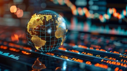 A digital globe with a glowing representation of continents overlays a backdrop of financial stock market numbers, symbolizing the global economy and trading.