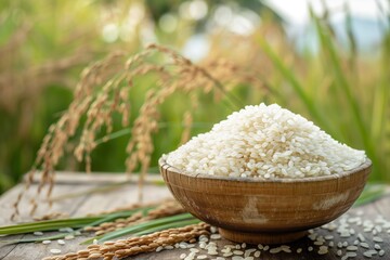 A bowl of white rice with paddy plants field