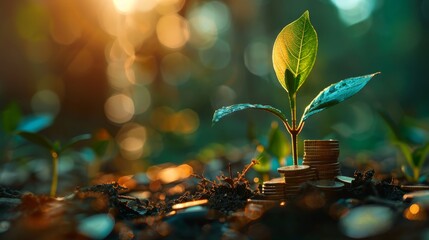 A young plant grows surrounded by stacked coins, metaphorically representing the concept of financial growth and sustainable investment.