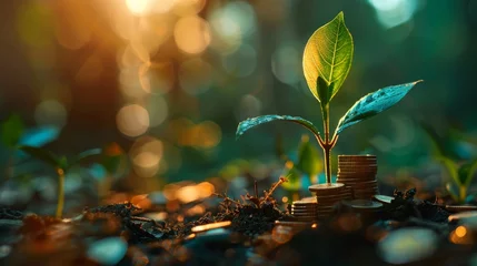 Foto op Canvas A young plant grows surrounded by stacked coins, metaphorically representing the concept of financial growth and sustainable investment. © Rattanathip