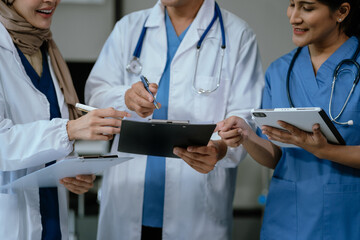 Medical, meeting and laptop for team in office in discussion, brainstorming and planning. Doctor, nurse and tablet, teamwork or workshop for data analytics.