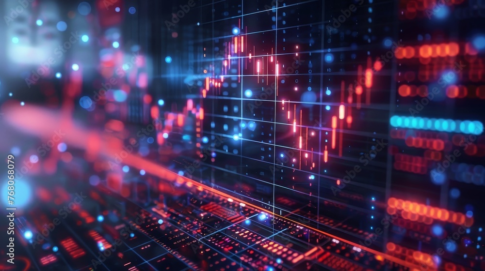 Poster a high-resolution image of a digital financial candlestick chart with glowing elements representing 