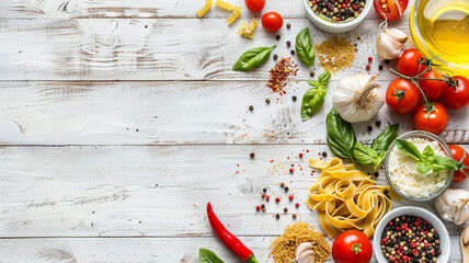 Italian pasta ingredients on white wooden table, top view, copy space.