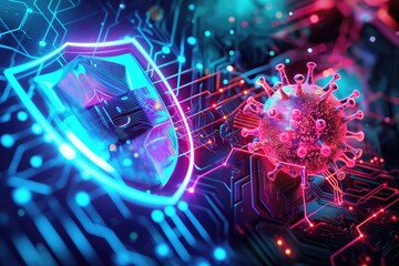 Computer antivirus defend against computer virus - obrazy, fototapety, plakaty