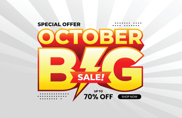 October Big Sale text with extrude effect and lightning icon. For banner, poster, header, logo, template, social media, website. Vector Illustration