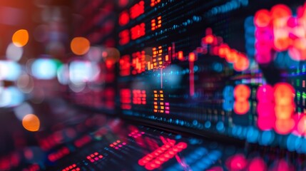 Obraz premium This image depicts a blurred view of stock market trading data on screens with vivid red and blue digital indicators.