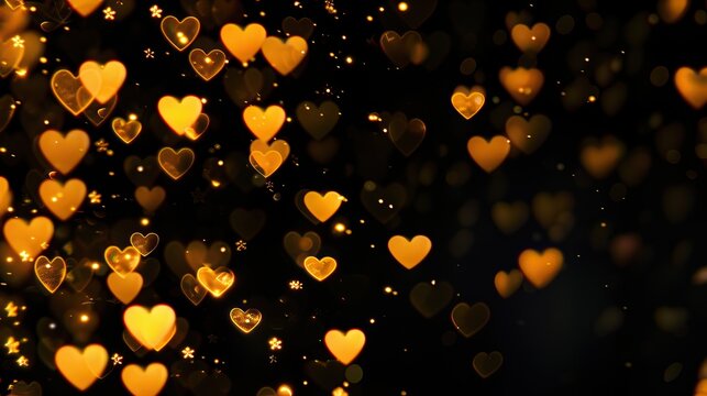 A shimmering display of golden heart-shaped bokeh lights on a dark background