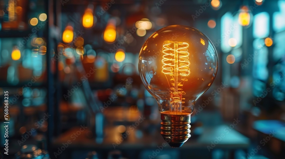 Poster close-up of an edison light bulb's glowing filament, creating a warm atmosphere in a room filled wit