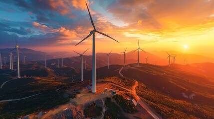 Wind turbines capture the energy of the setting sun on rolling hills, embodying the synergy of natural beauty and renewable power sources. - obrazy, fototapety, plakaty