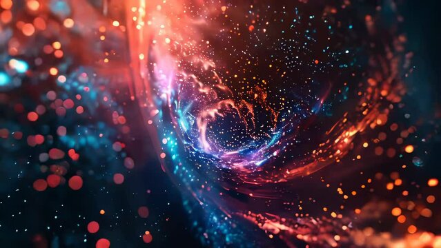 abstract background with fractal waves and glowing particles.