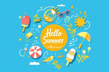 Sunny 'Hello Summer' concept with ice cream and beach toys