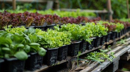 Rows of young lettuce plants with varying leaf colors in black nursery trays, prepared for transplant in a horticultural greenhouse setting.
