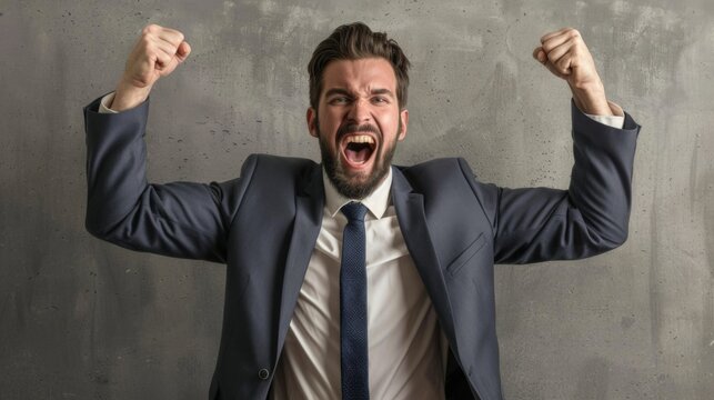 Businessman expressing excitement with his mouth agape and arms spread wide, depicting his joy and triumph