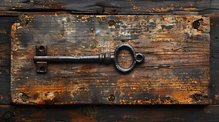 Vintage key on a rustic wooden plank background. Old key symbolizing security, secrecy or mystery. Weathered textures adding to the antique feel. Perfect for thematic visuals. AI
