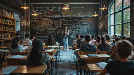 University Lecture Hall with Students and Professors, Students attentively listening to professors in a university lecture hall with a complex chalkboard diagram in the background. - obrazy, fototapety, plakaty