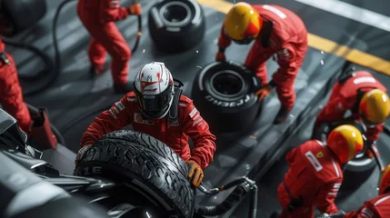 Tafelkleed Pit crews in action required to quickly change tires in a Formula 1 pit lane © AlfaSmart