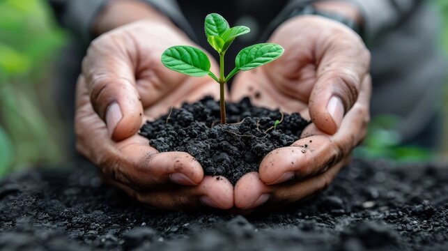 A close-up image showing a pair of hands cradling a small plant with visible roots in rich, dark soil, symbolizing care, growth, and environmental responsibility.