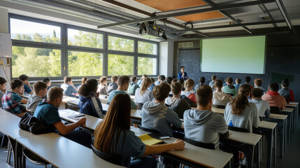 University Lecture Hall with Students and Professors, Students attentively listening to professors in a university lecture hall with a complex chalkboard diagram in the background.