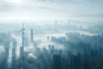 Aerial view of a city skyline with renewable energy sources like wind turbines and solar panels. Concept City Skylines, Renewable Energy, Aerial Photography