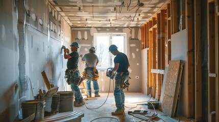 Workers installing drywall, this method is the simplest and most economical way to create...